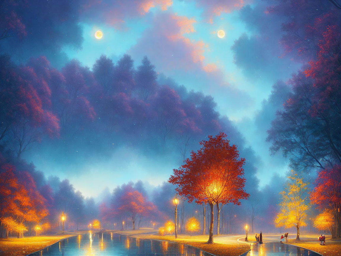 Tranquil twilight park with misty ambiance and double-mooned sky