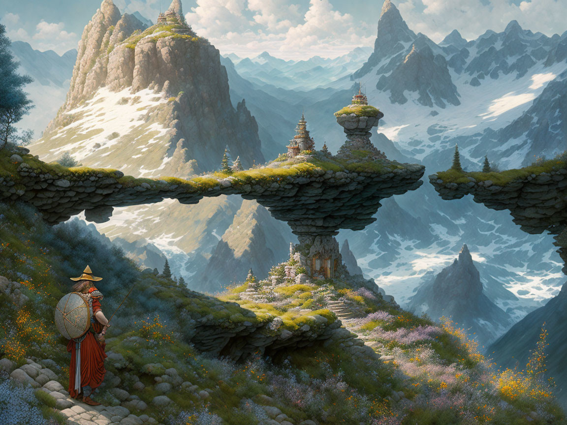 Fantastical landscape with traveler and shield amid floating rocks, temples, and snowy peaks