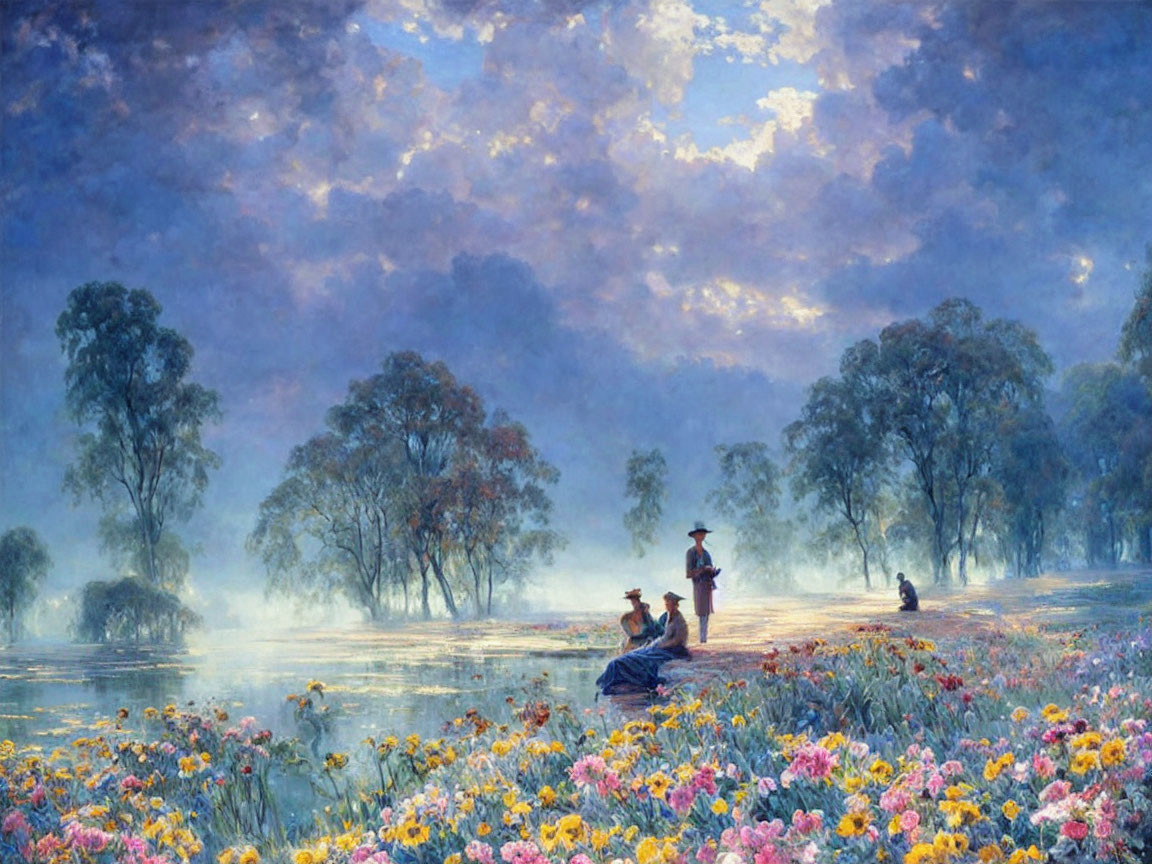 Tranquil lakeside scene with flowers under hazy dusk sky