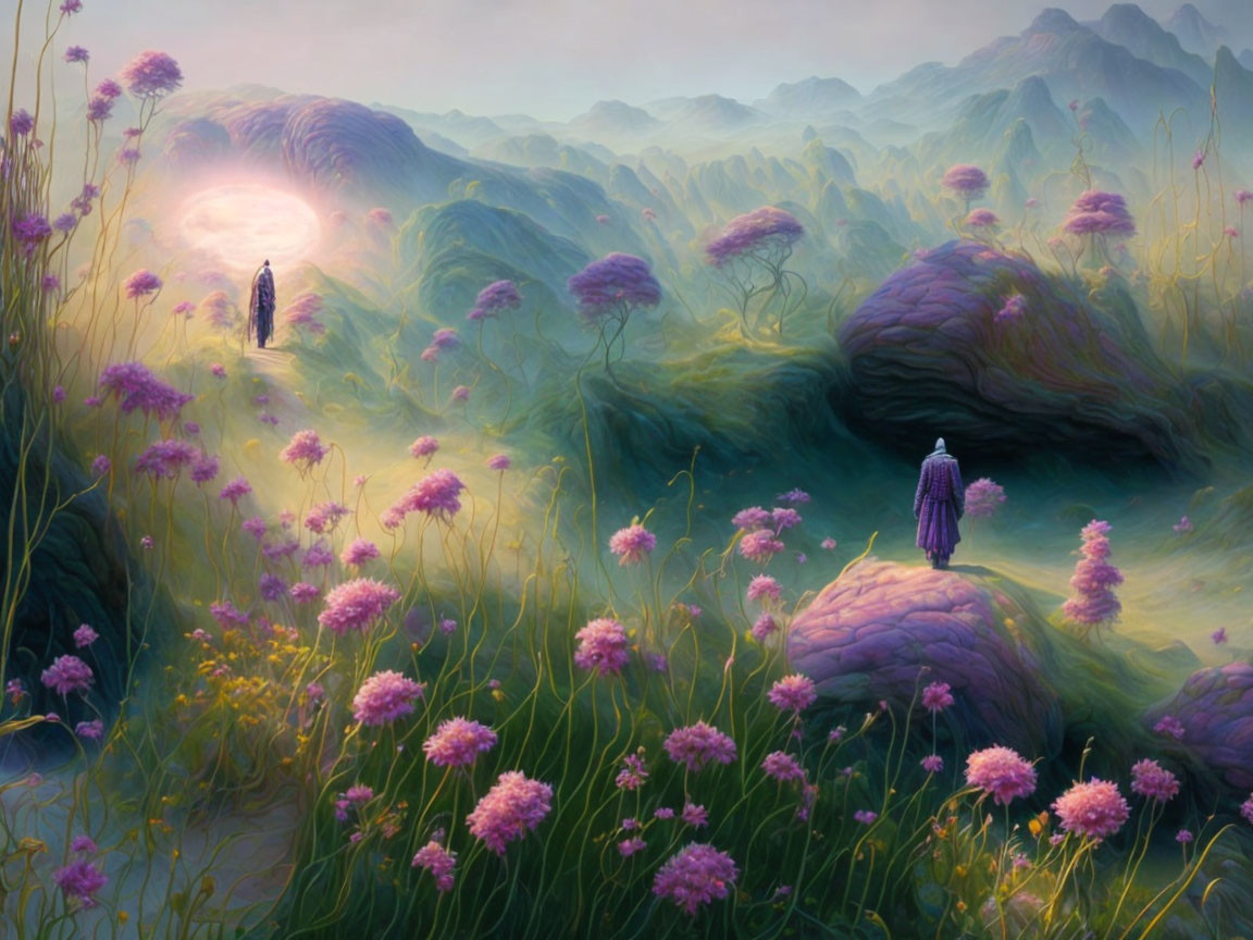 Fantasy sunrise landscape with green hills and figures