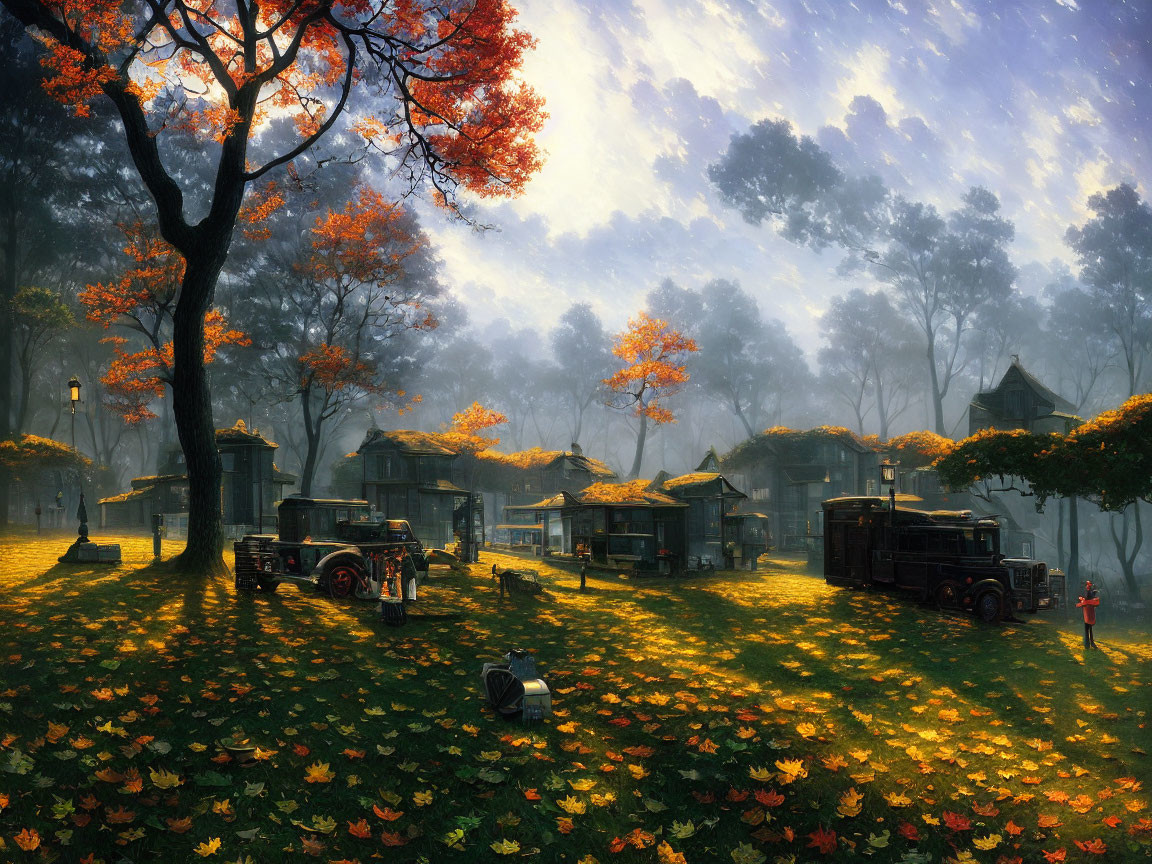 Vintage cars parked in autumn scene with traditional houses and colorful trees