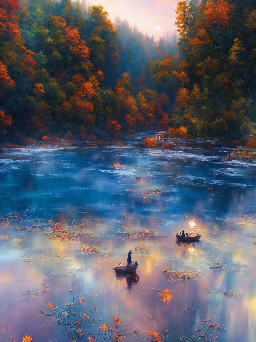 Misty river scene with two boats and autumn trees