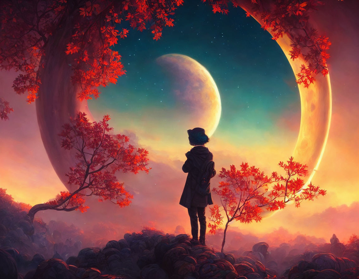 Person under red tree gazing at large moon in starry sky