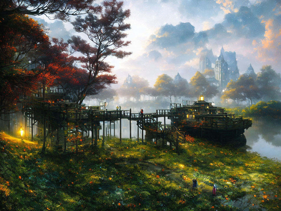 Tranquil autumn landscape with castle, lake pier, colorful trees, and figures