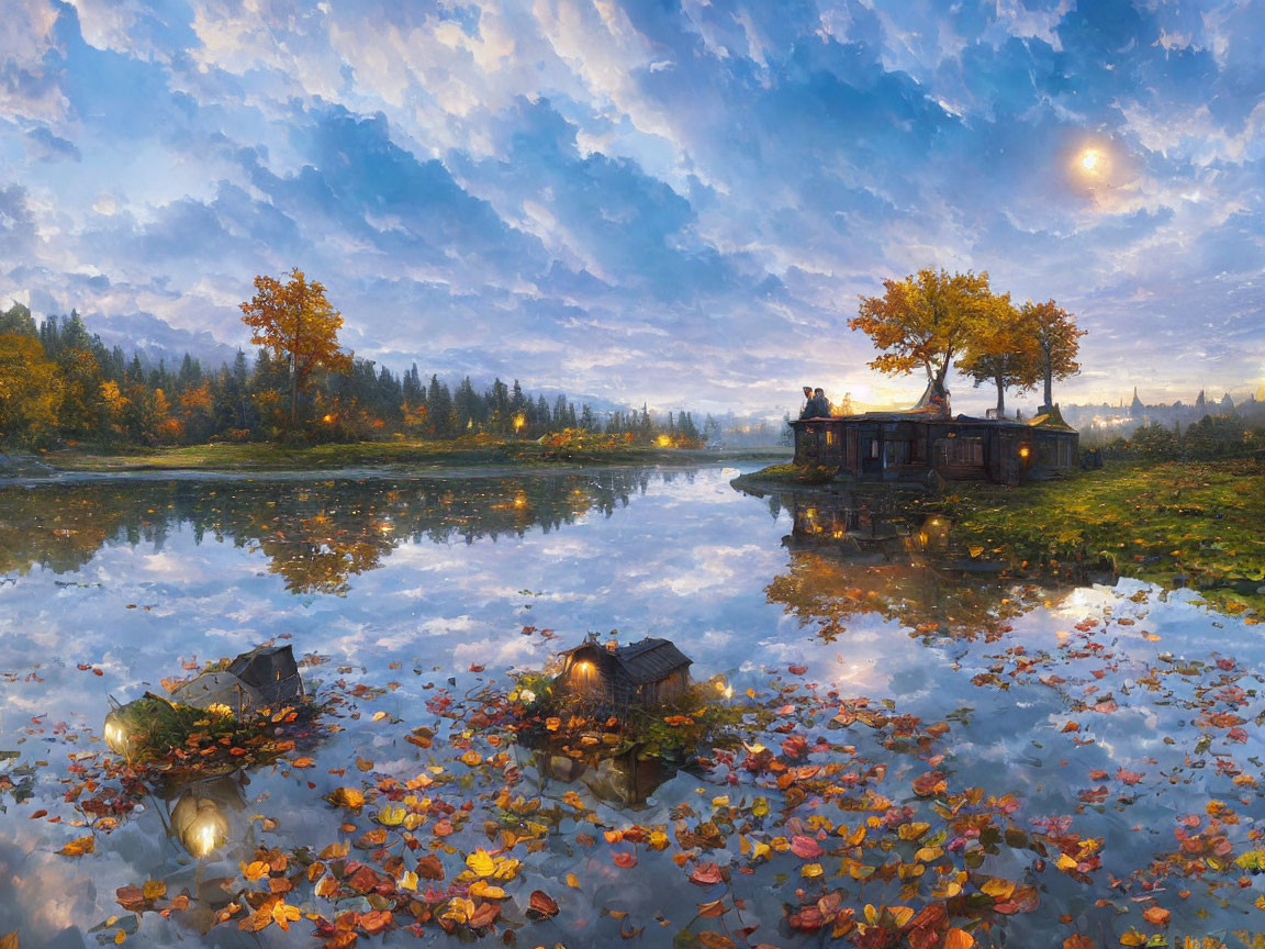 Autumnal scene: Wooden cabin, lake, fall foliage, lanterns, two moons