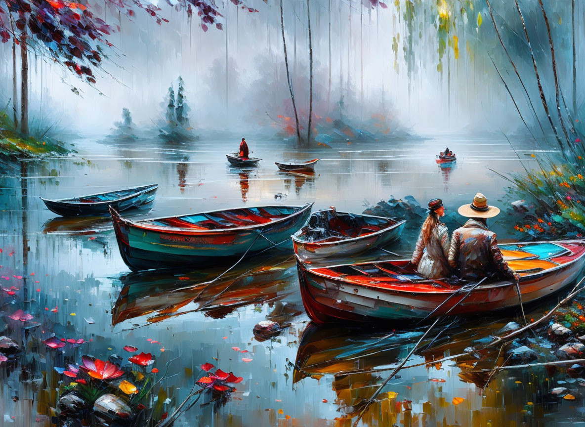 Colorful painting of people in boats on tranquil lake with misty atmosphere