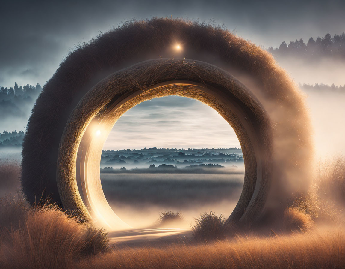 Circular Furry Portal in Misty Golden Landscape