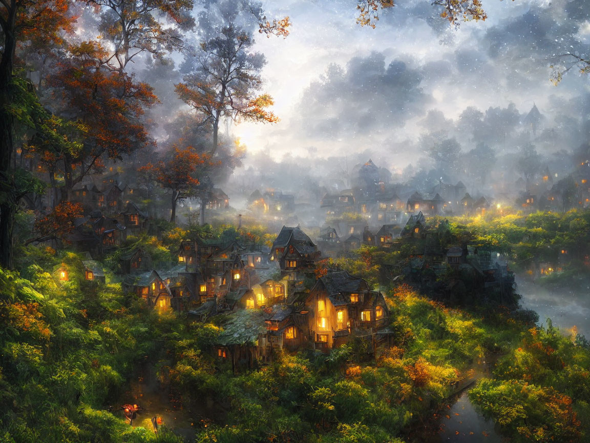 Twilight village in forest with glowing lights and autumn trees