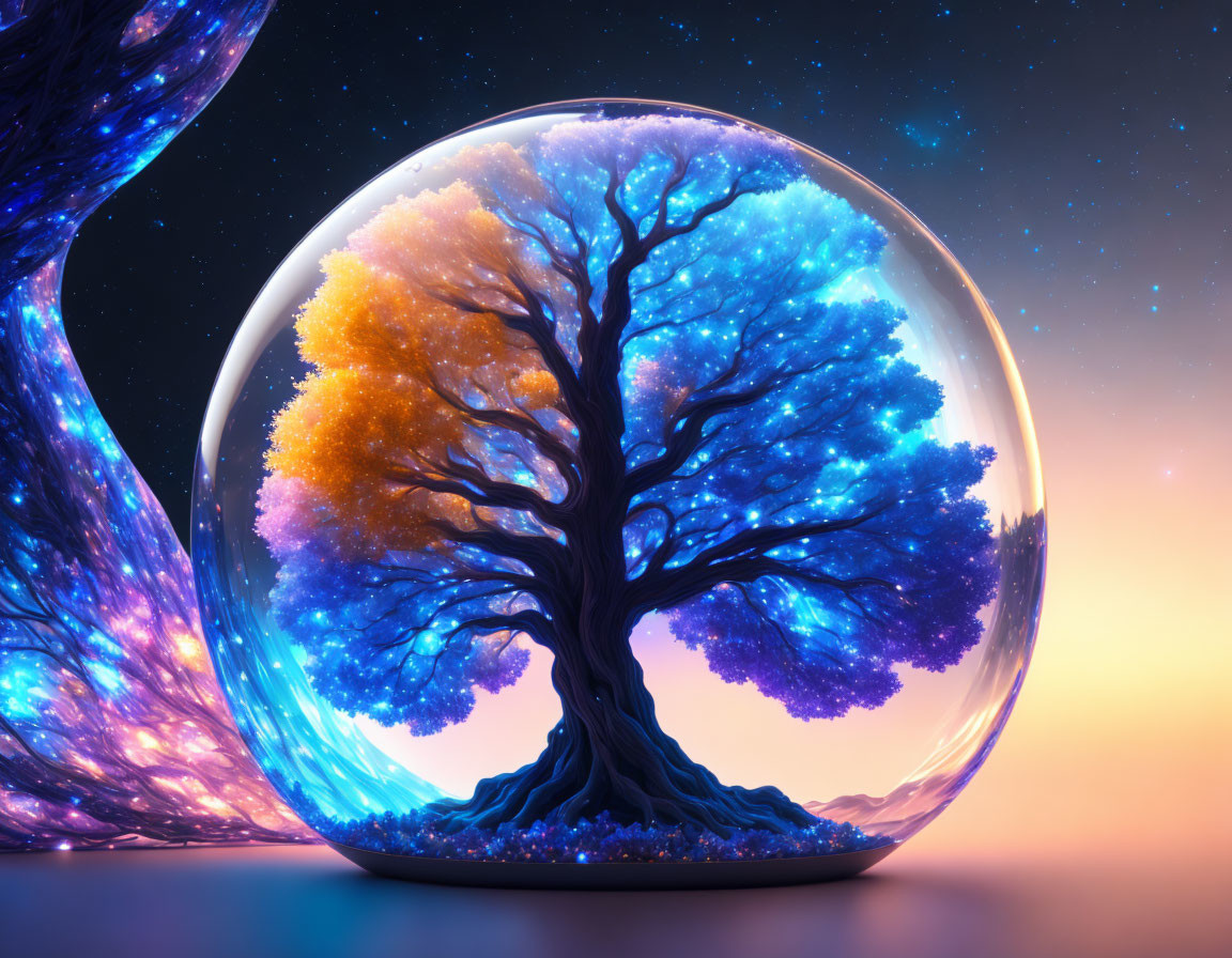 Colorful tree in orange to blue sphere on cosmic background & surreal twilight landscape