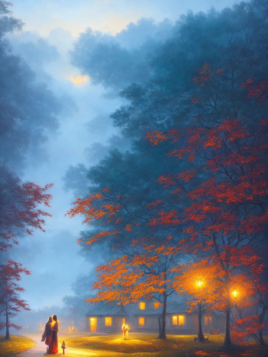 Ethereal evening scene: person walking among glowing lamps and autumn trees in misty park