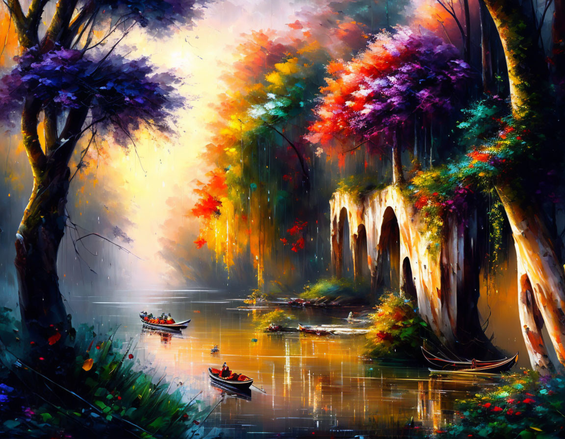 Vibrant trees and boats on calm river in impressionistic painting