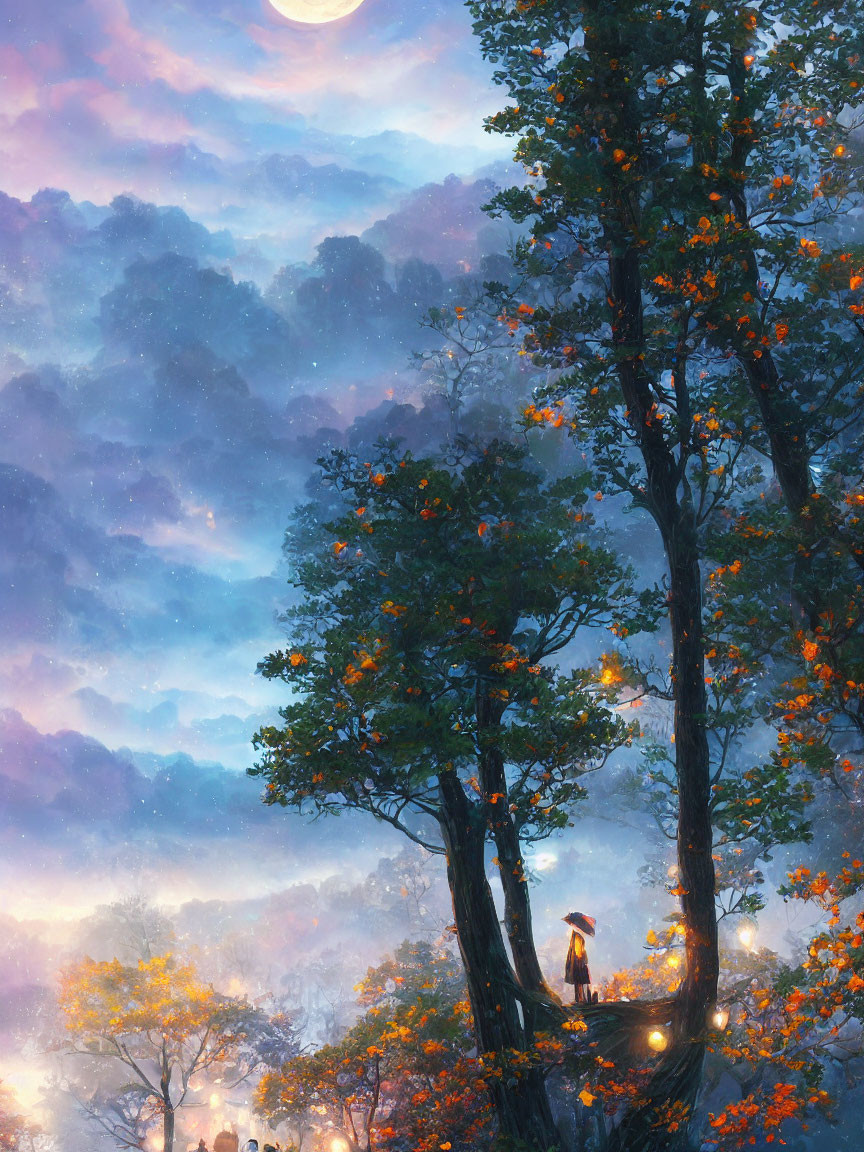 Person on Cliff Under Orange Tree Overlooking Moonlit Forest