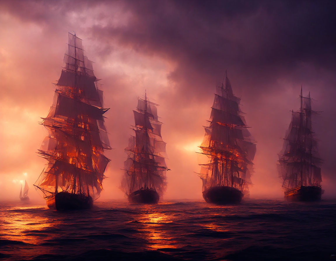 Tall-masted sailing ships on misty golden waters under dramatic sky