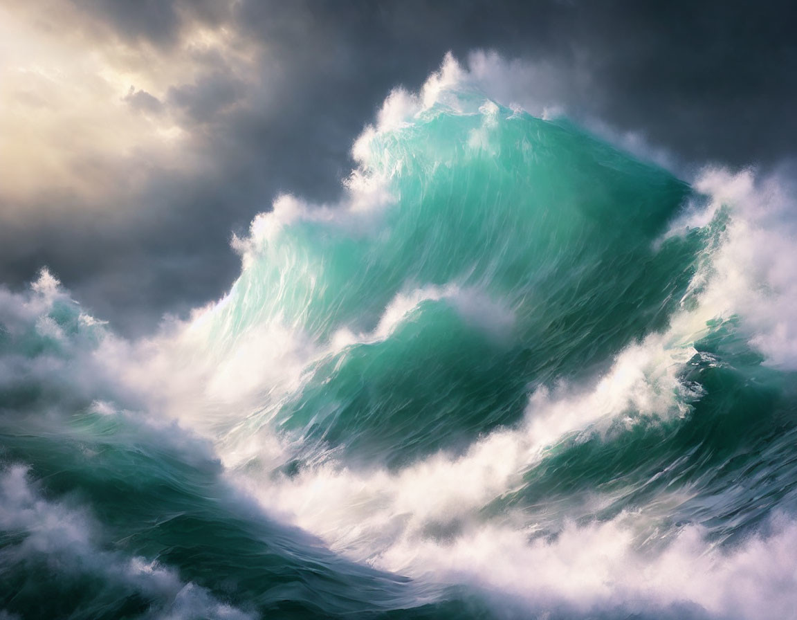 Stormy Sea with Large Cresting Green Wave and Dramatic Sky