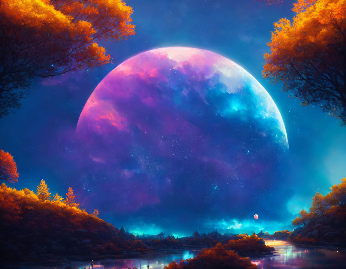 Oversized purple moon over tranquil river and autumn trees