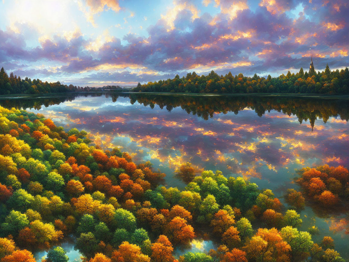 Tranquil lake with vibrant autumn forest and colorful foliage at sunrise or sunset