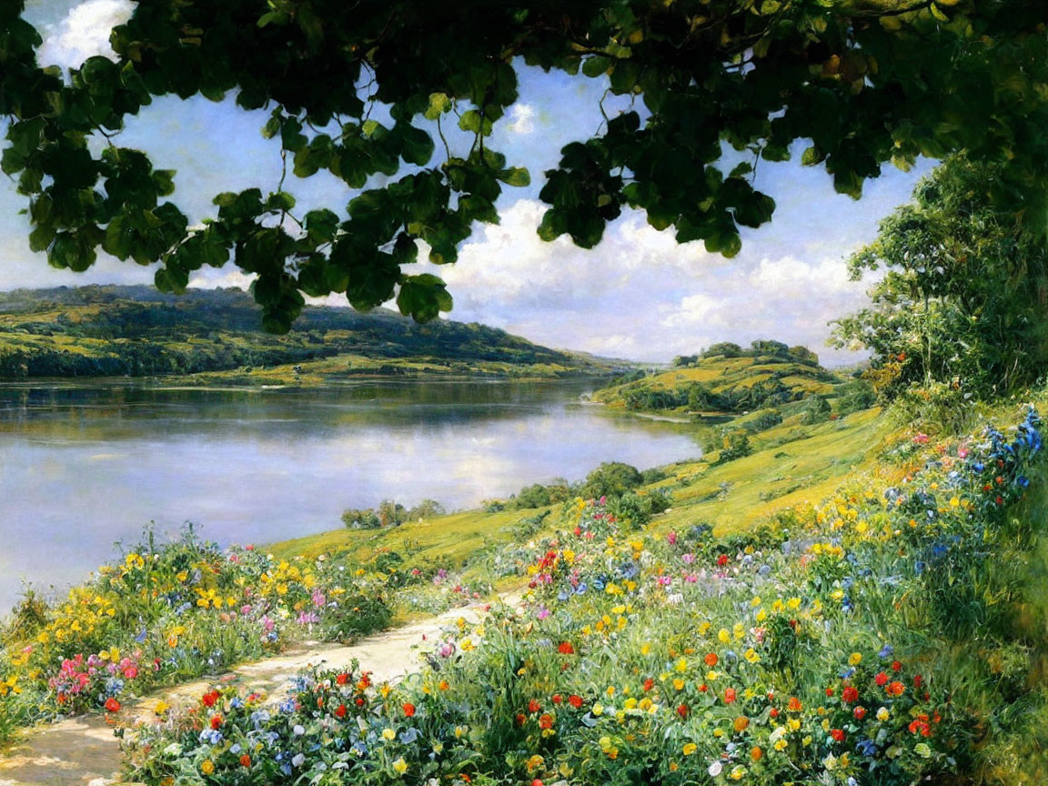 Tranquil river scene with greenery, wildflowers, and calm water