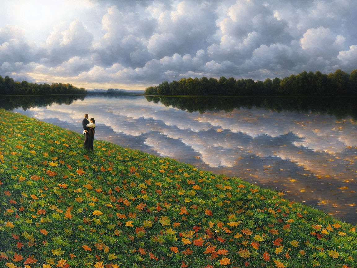 Tranquil river landscape with person, trees, grass, and autumn leaves