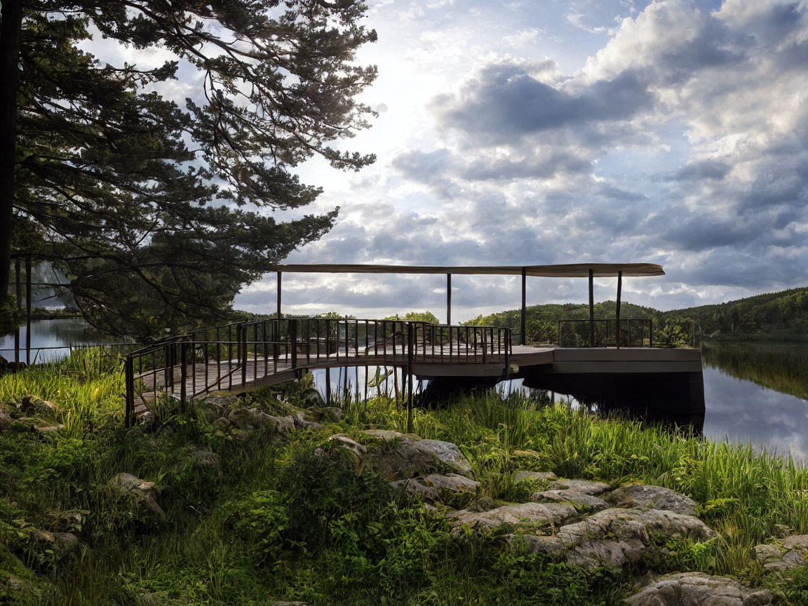 Tranquil lakeside scene with modern curved wooden deck and lush greenery