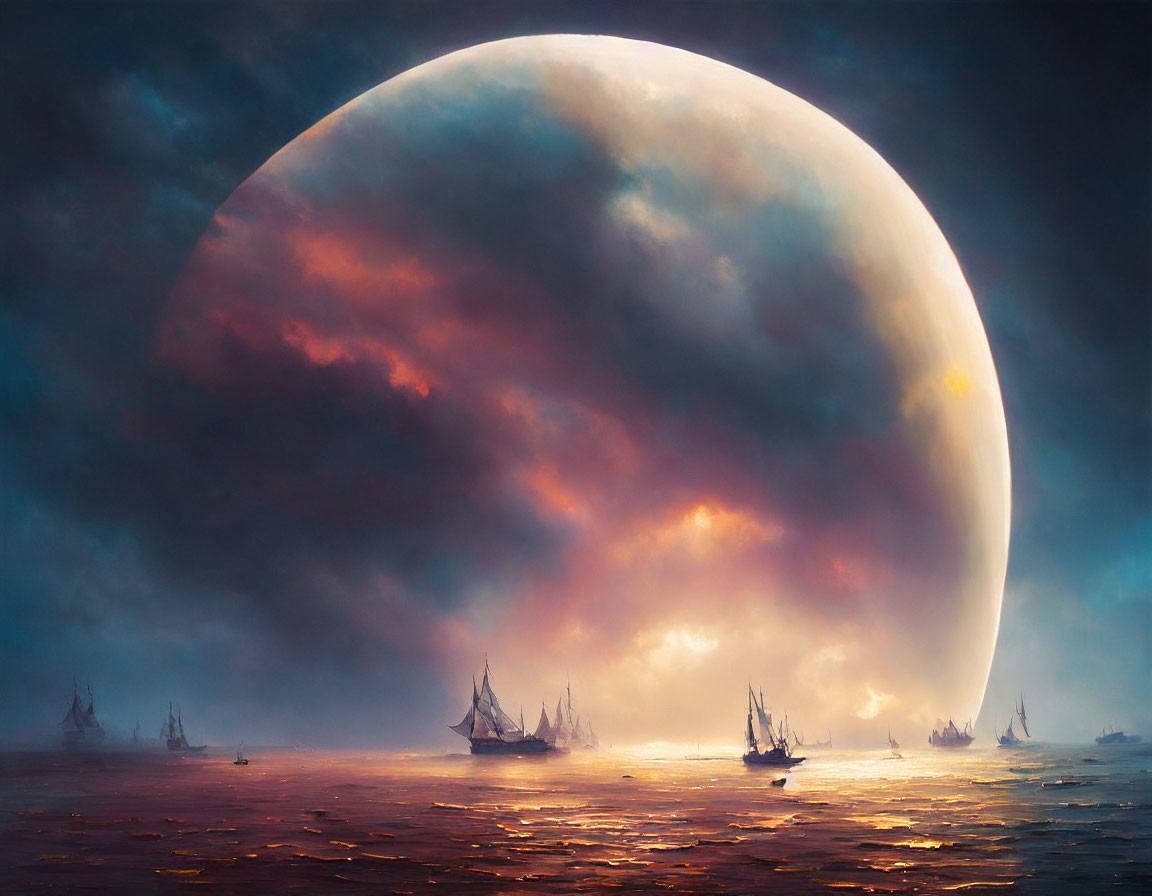 Sailing ships on misty sea under giant planet and dramatic clouds