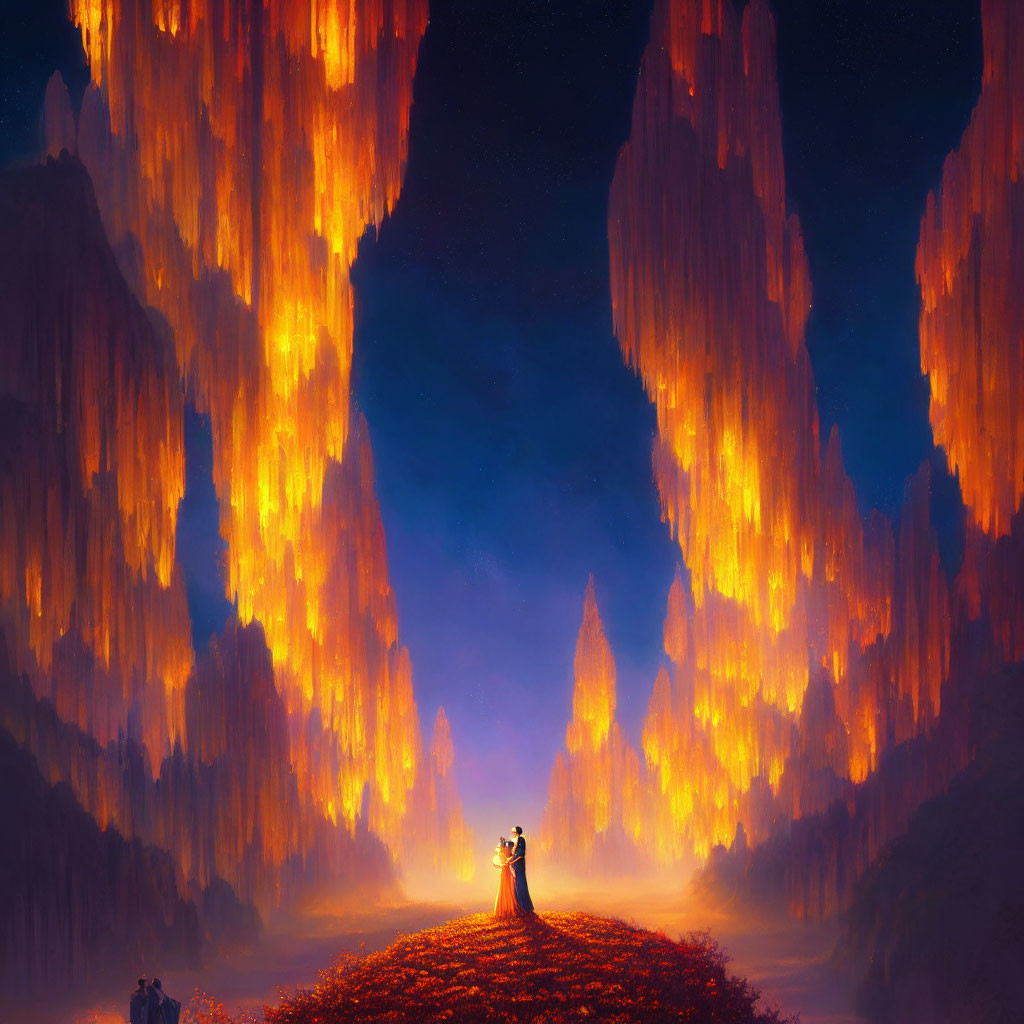 Couple on hill with mystical light, orange stalactites, starry sky