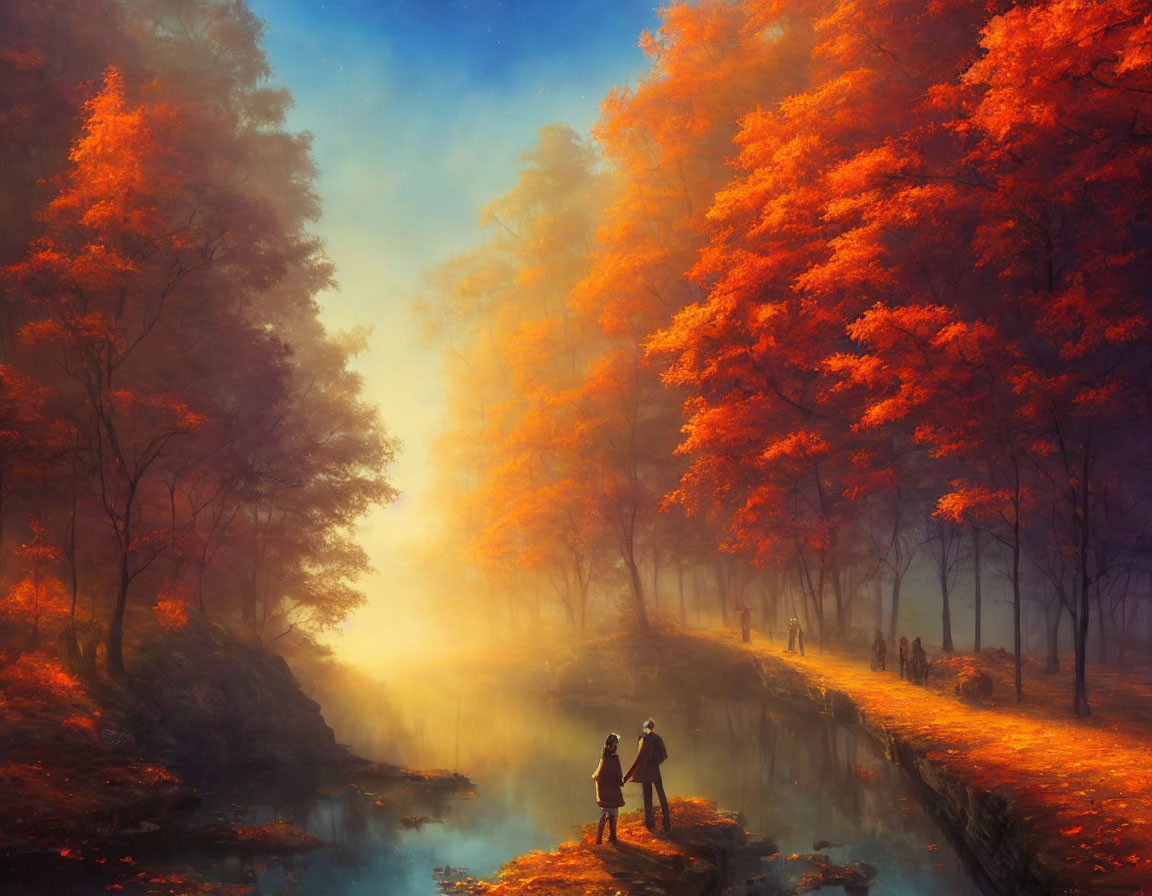 Autumn scene with two people by misty waterway