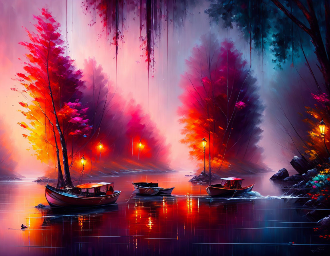 Colorful illuminated trees in mystical digital artwork