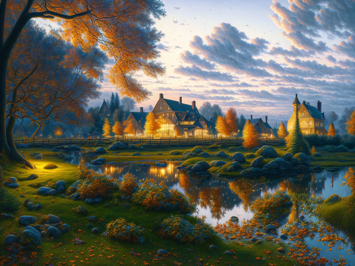 Twilight scene: Illuminated cottages by serene lake, surrounded by autumn trees under cloudy sky