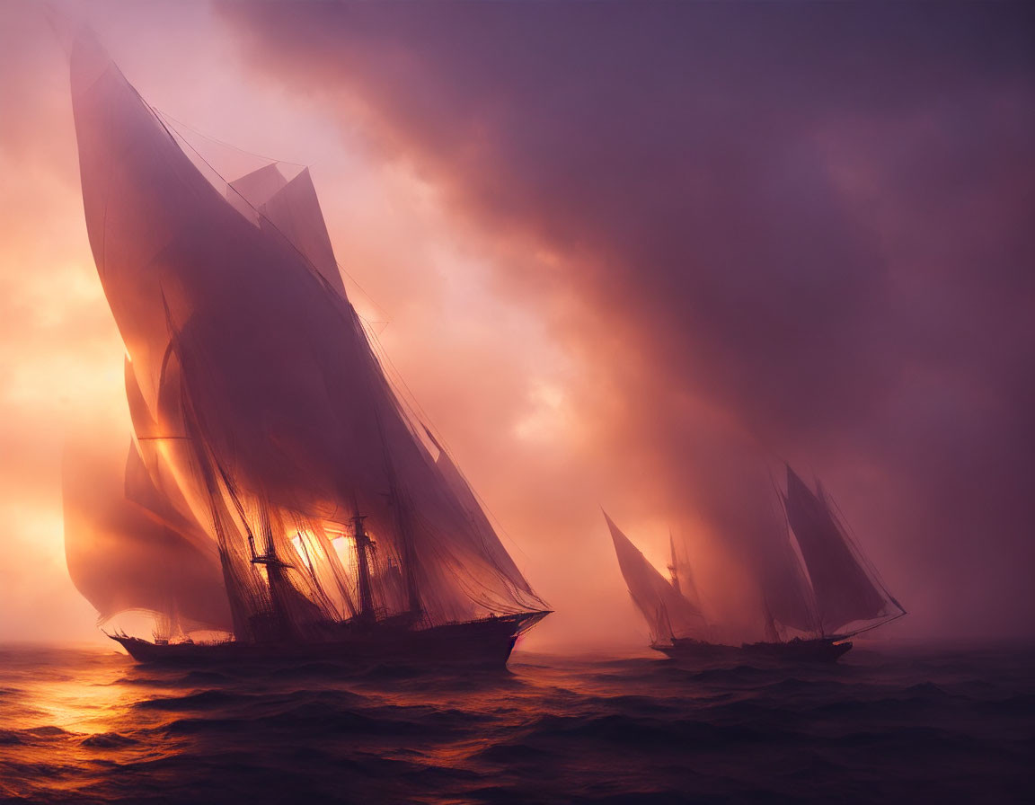 Sailing ships with billowing sails in misty sea at sunrise or sunset