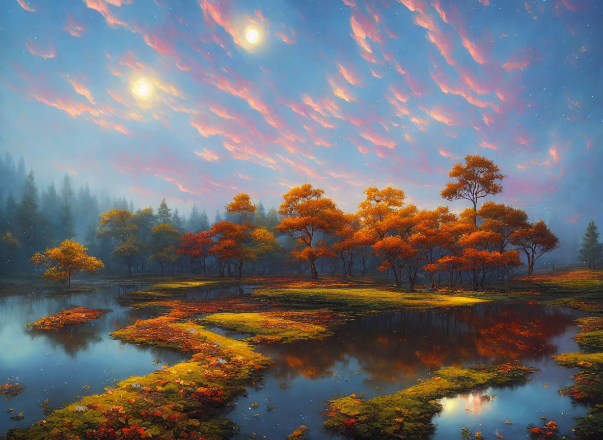 Vibrant autumn landscape with orange trees, winding path, reflective lake, and dusky sky.