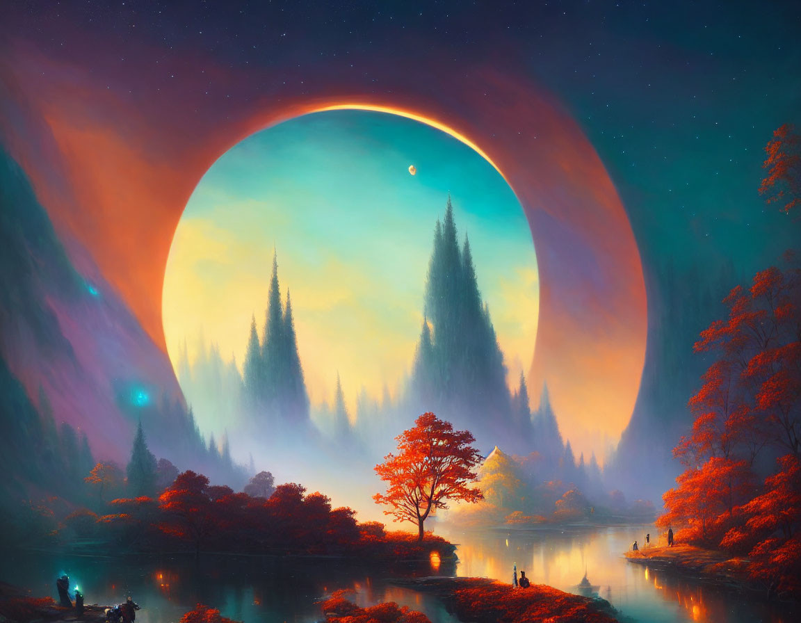 Tranquil landscape with glowing planet, lake, trees, and twilight sky