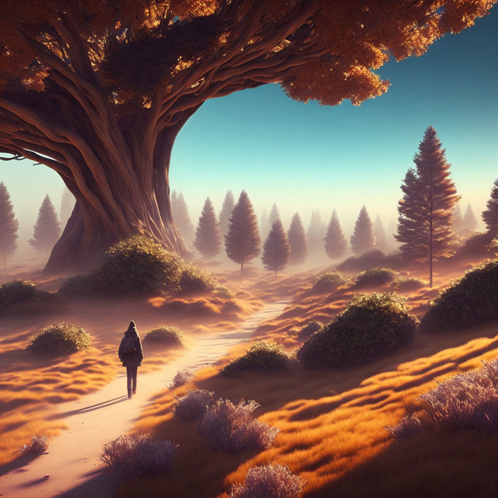 Person walking in surreal sunlit forest with giant tree and oversized foliage.