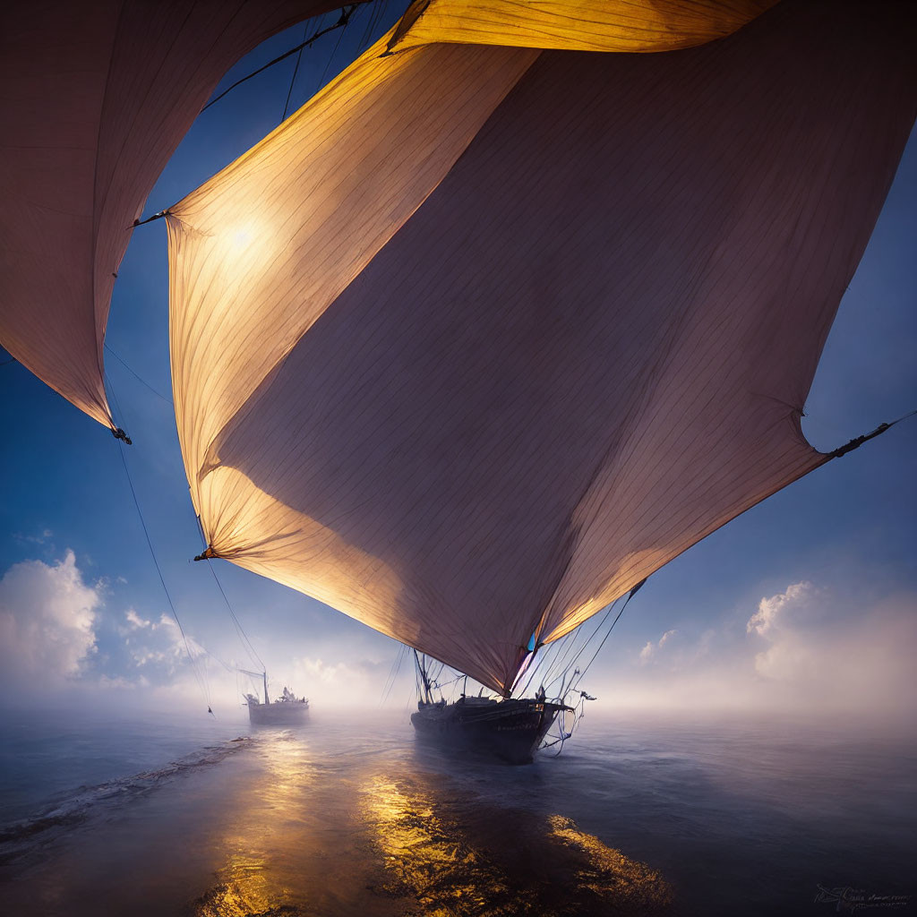 Sailing boats with billowing sails on serene waters under radiant sun