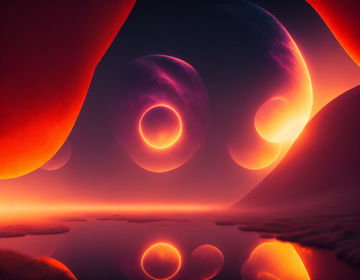 Surreal landscape with glowing celestial bodies over water in red and purple hues