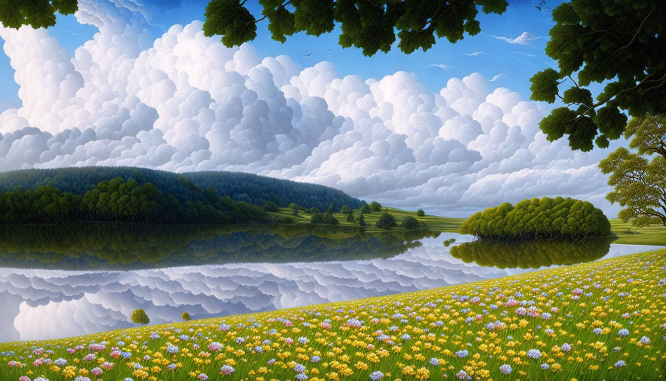 Tranquil landscape with vivid flower field, reflective lake, fluffy clouds, and lush greenery