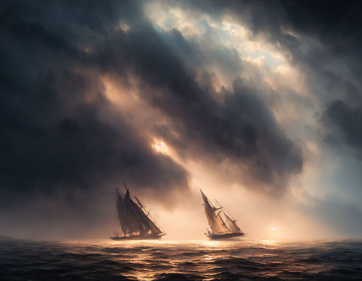 Sailing ships in fiery battle on tumultuous sea