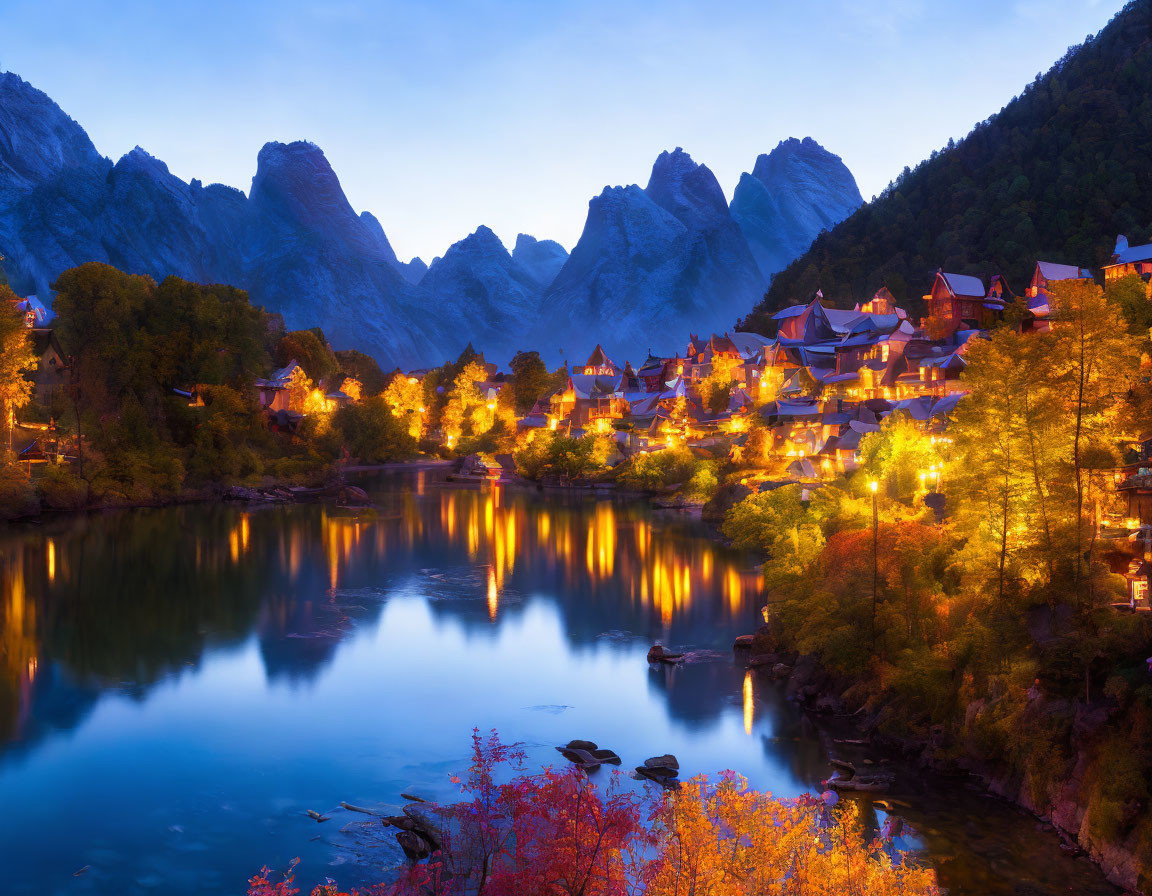 Scenic lakeside village at twilight with traditional buildings and forested peaks.