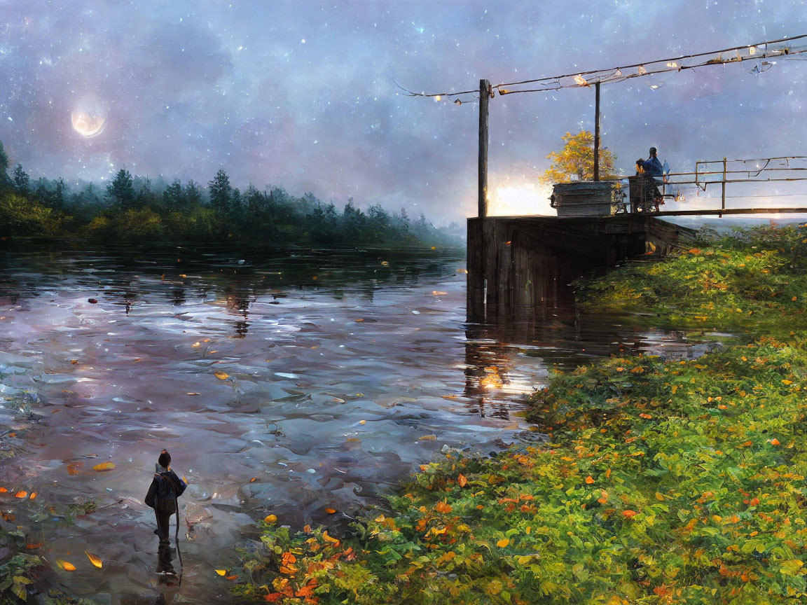 Twilight scene of two people fishing in serene setting