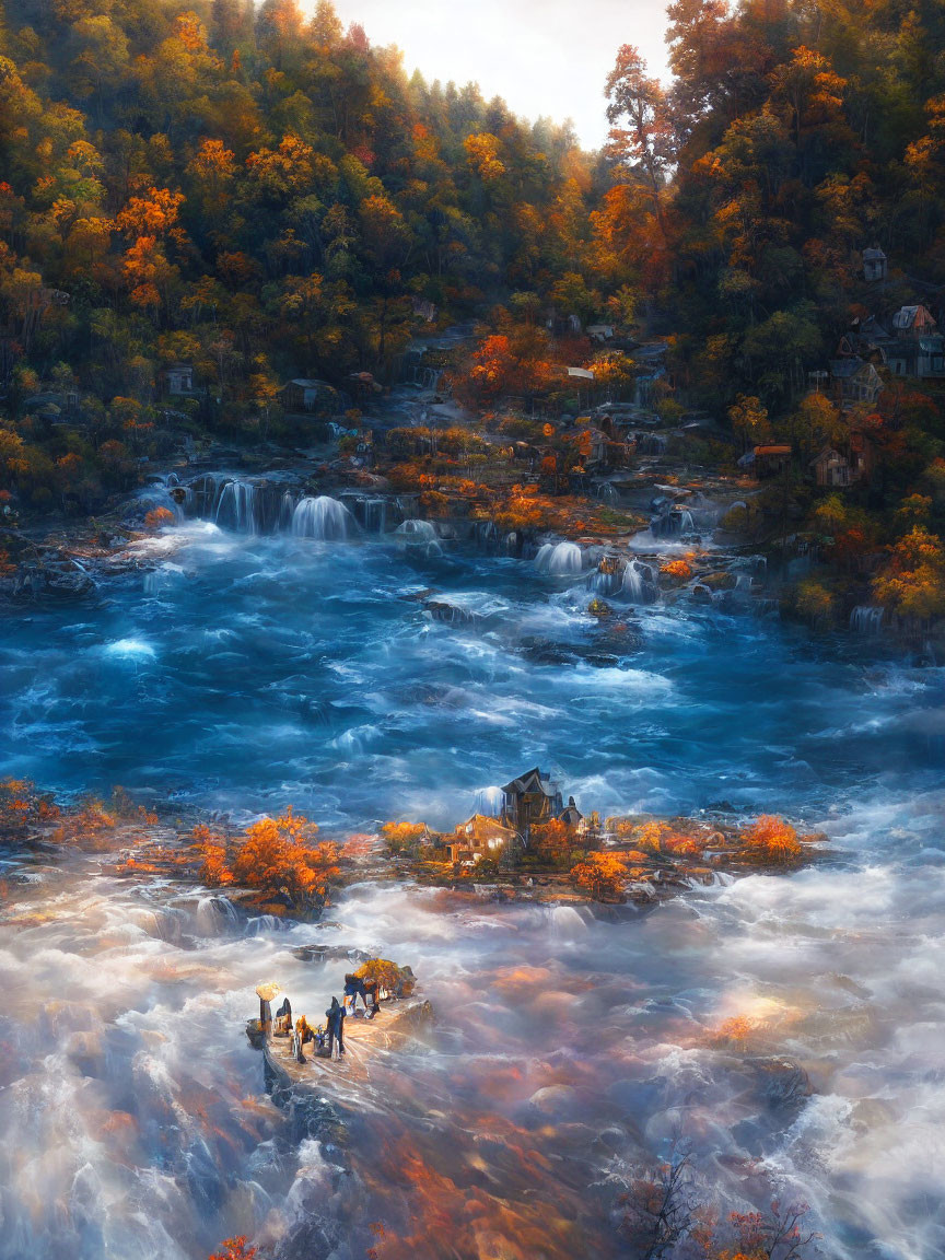 Vibrant autumn foliage, cascading waterfalls, village, and figures by riverbank