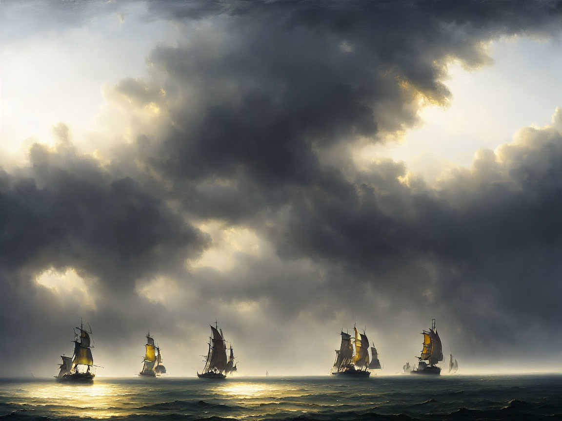 Tall ships sailing stormy seas under dramatic sky