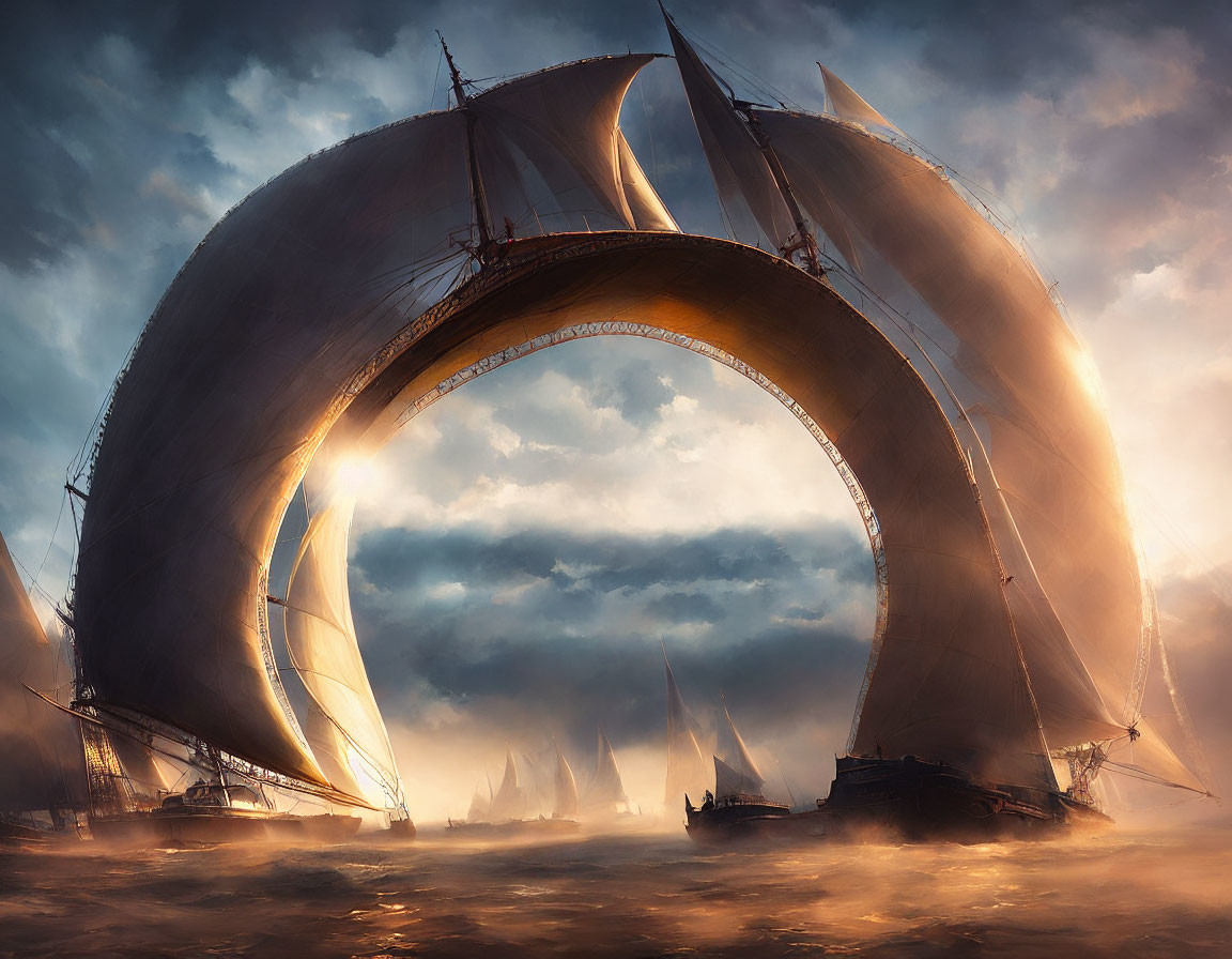 Sailing ships near colossal ring-shaped structure in misty sea