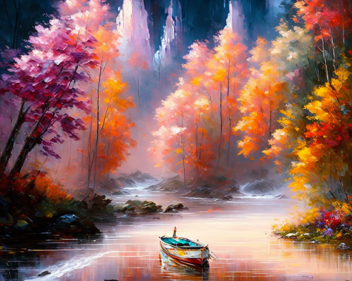 Misty autumn forest with colorful foliage and calm river scene