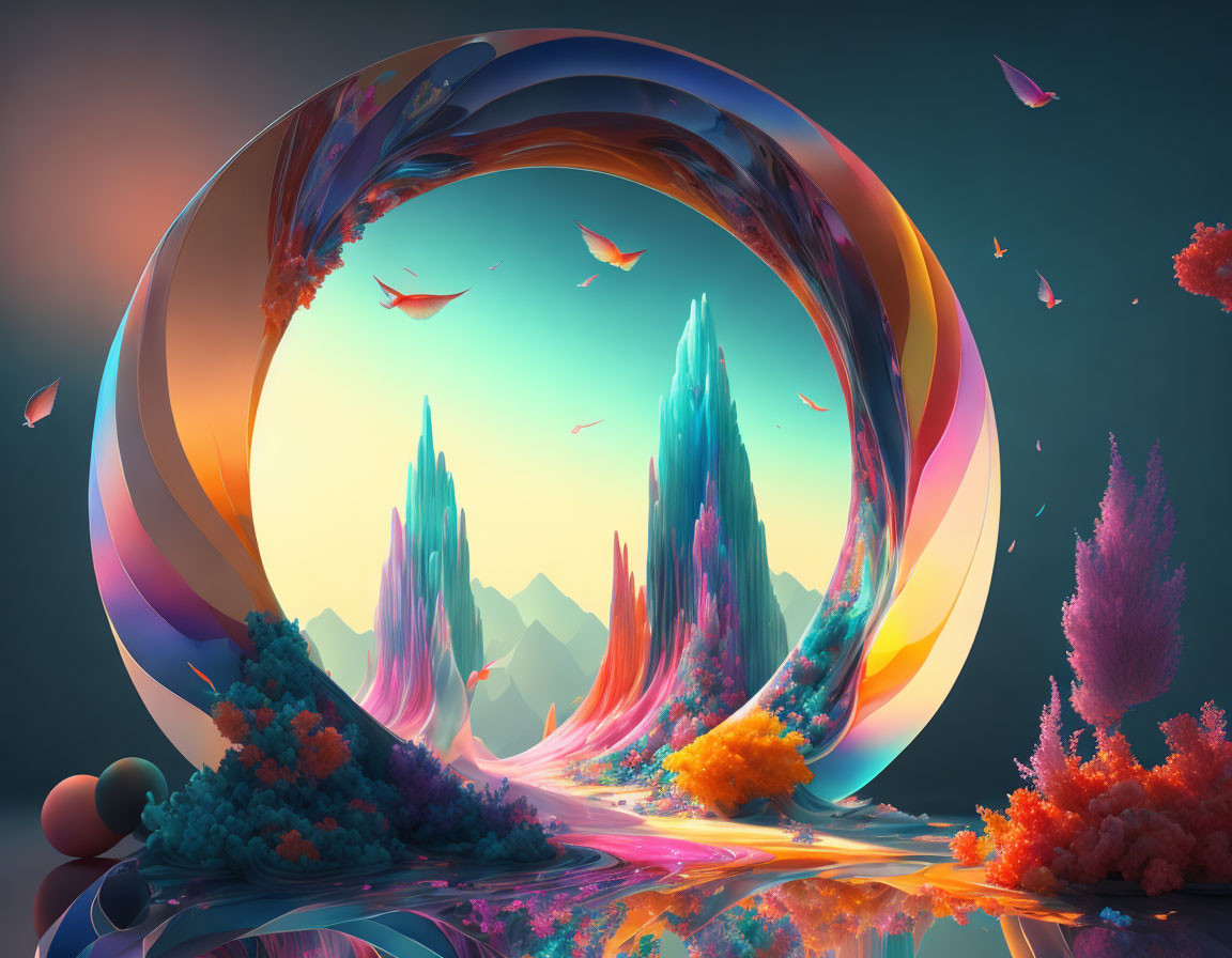 Colorful Surreal Landscape with Loop Structure and Crystalline Mountains