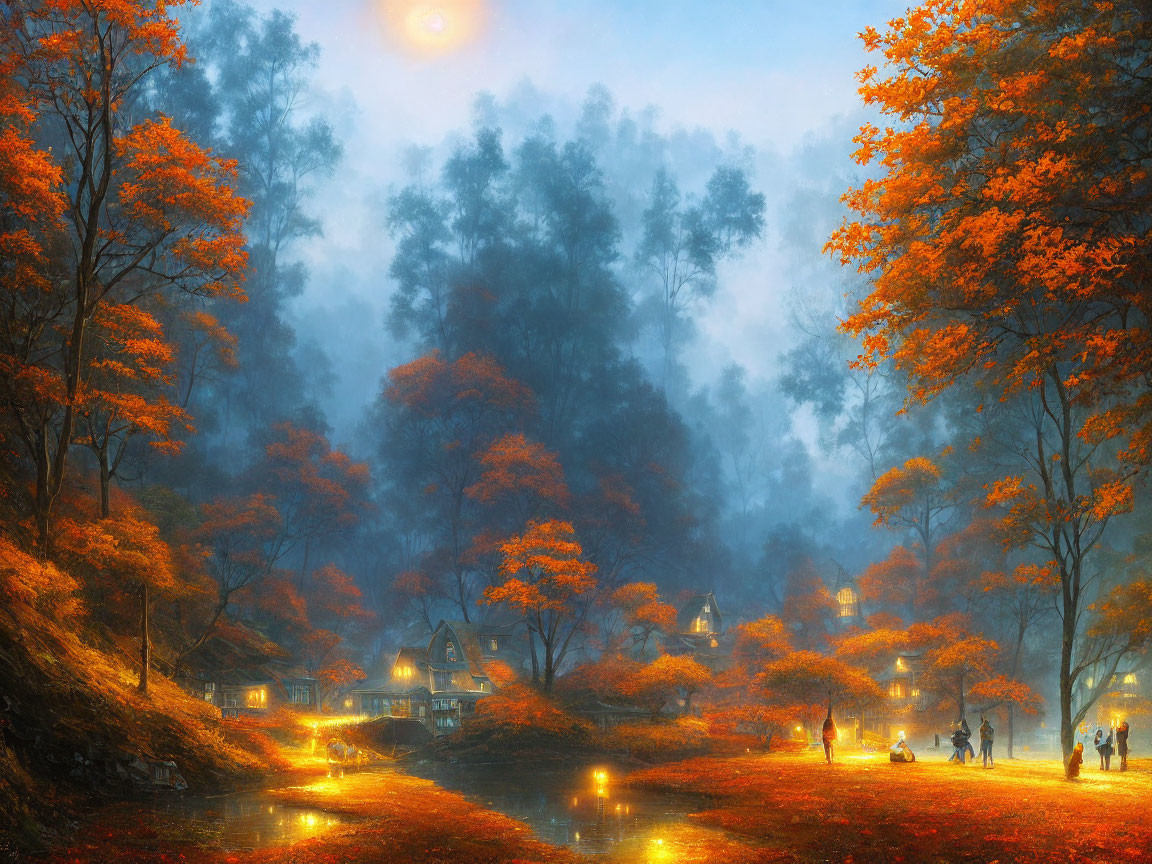 Tranquil autumn village with glowing lights and moonlit river