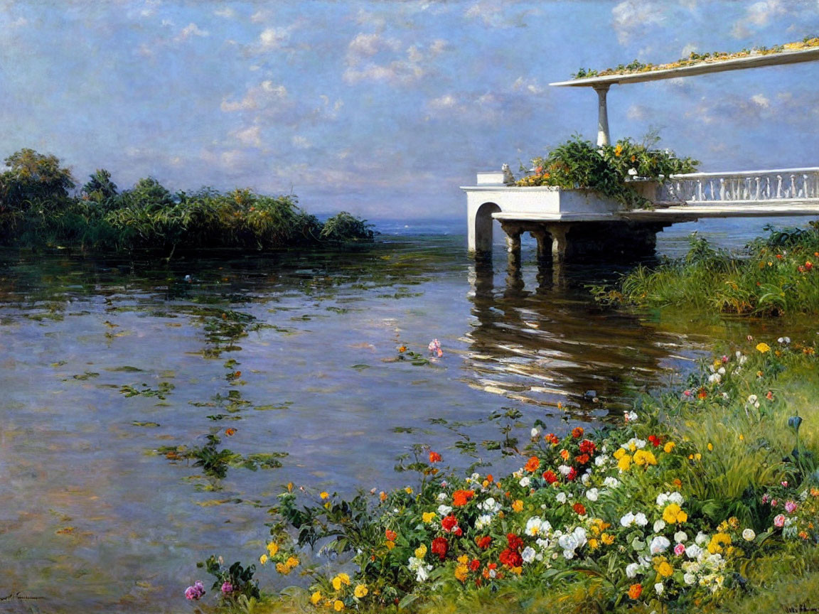 Tranquil landscape painting: lush riverside, blooming flowers, white balustrade bridge