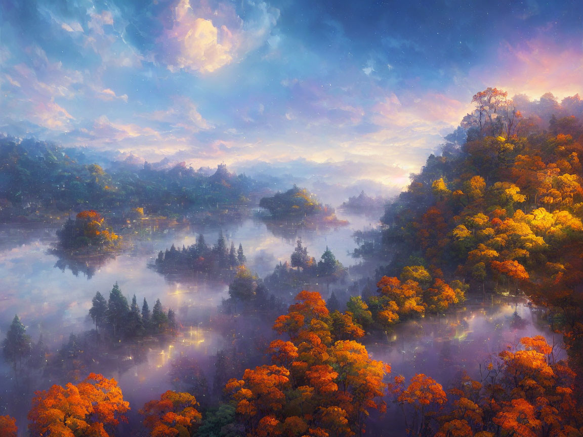 Misty forest landscape at sunrise with tranquil water and pastel sky