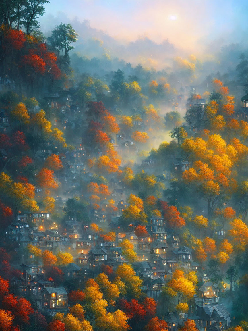 Colorful autumn foliage and cozy hillside houses in misty scene