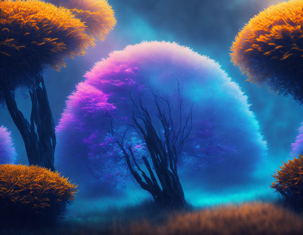 Vibrant ethereal landscape with mystical trees in glowing colors