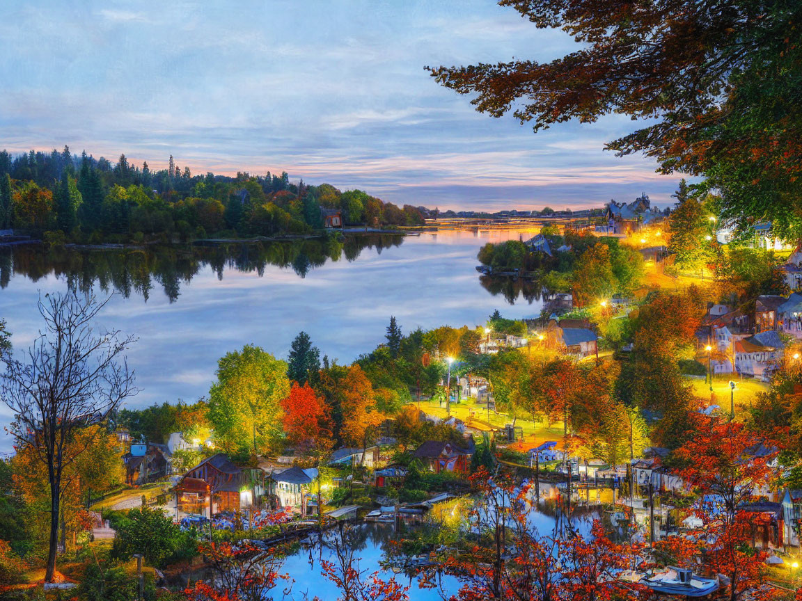 Serene lakeside town at twilight with autumn leaves, illuminated streets, calm water reflections, and tranquil