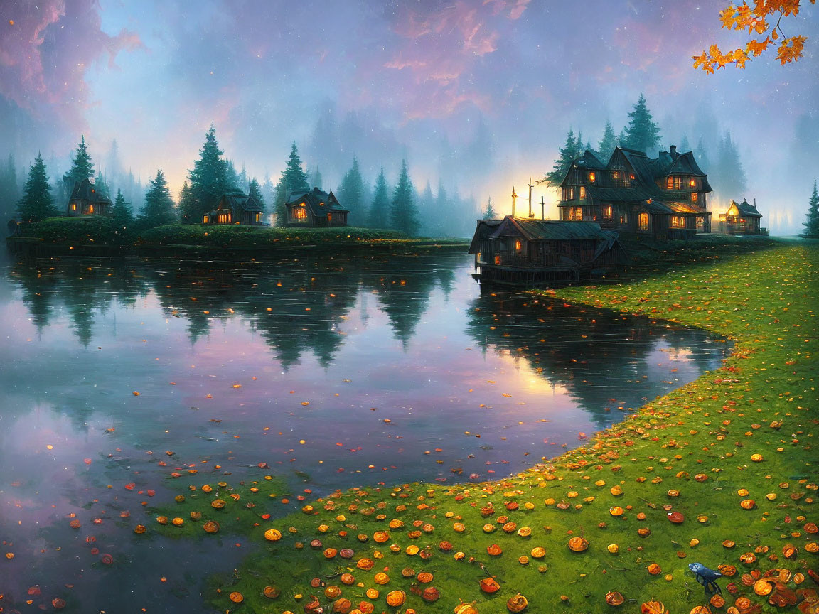 Tranquil lake scene with lit cottages and autumn leaves